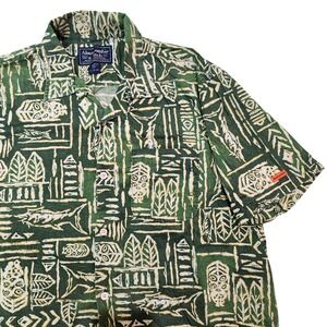 Abercrombie & Fitch Tiki‎ Hawaiian Shirt Men's L Green Rare Tribal Print Cotton